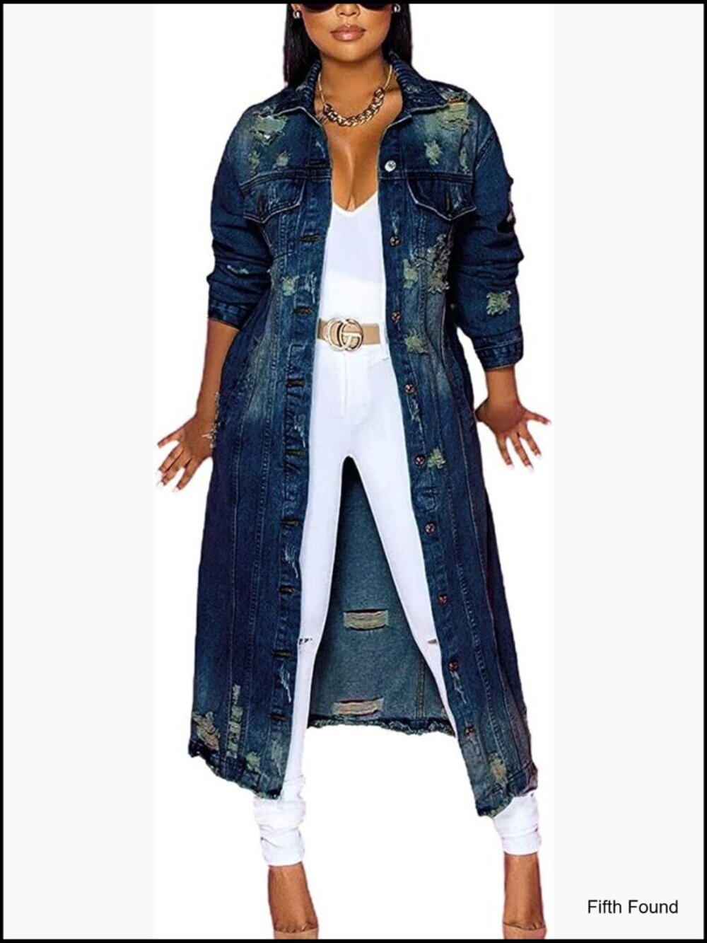 Ripped Distressed Washed Long Denim Jacket Trench Coat